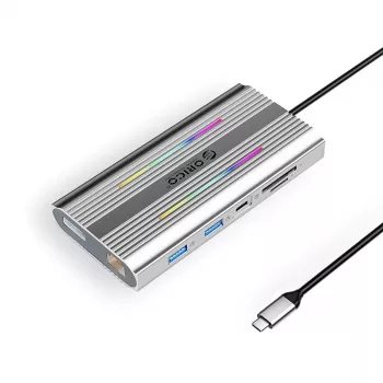 ORICO XDR 12-in-1 USB-C dokkimisjaam RGB, 2x HDMI 4K 60Hz, DisplayPort 4K 60Hz, RJ45 Gigabit, PD 100W, SD/microSD kaardilugeja - hõbedane