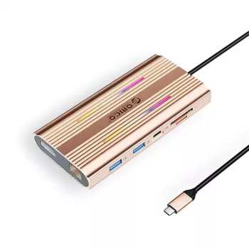 ORICO XDR 12-in-1 USB-C dokkimisjaam RGB, 2x HDMI 4K 60Hz, DisplayPort 4K 60Hz, Gigabit Ethernet, 100W PD, SD/microSD kaardilugeja - roosakuld