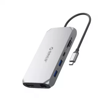 ORICO XCR 12-in-1 USB-C dokkimisjaam 2x USB-A 3.1 1x USB-A 2.0 1x USB-C PD 100W 1x USB-C 3.1 2x HDMI 2.0 4K 60Hz 1x DisplayPort 1.4 4K 60Hz 1x SD 3.0 1x microSD 3.0 1x RJ45 Gigabit Ethernet 1x Audio CTIA 3.5mm - Hall