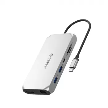ORICO XCR 12-in-1 USB-C dokkimisjaam, 2x USB-A 3.1, 1x USB-A 2.0, 1x USB-C PD 100W, 1x USB-C 3.1, 2x HDMI 2.0 4K 60Hz, 1x DisplayPort 1.4 4K 60Hz, SD/microSD 3.0, RJ45 Gigabit Ethernet, 3.5mm Audio CTIA, Hõbedane