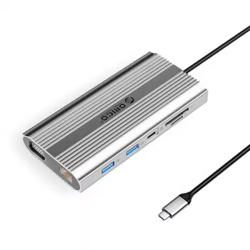 ORICO XDR 12-in-1 USB-C dokkimisjaam 4K HDMI, VGA, Gigabit Ethernet, 100W PD, SD/microSD kaardilugejaga - hõbedane