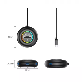 ORICO YXR5-C3 RGB 4-Port USB-A 3.0 Hub koos SD ja microSD kaardilugejaga, 1,8 m kaabel, must