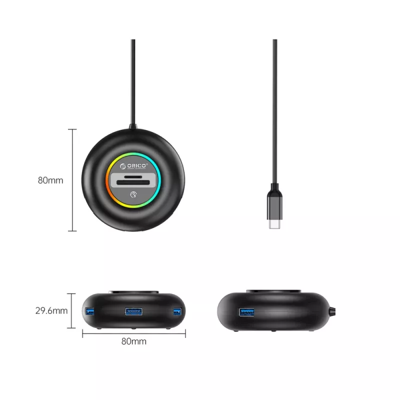 ORICO YXR5-C3 RGB 4-Port USB-A 3.0 Hub koos SD ja microSD kaardilugejaga, 1,8 m kaabel, must