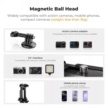 KF 3D kuulpeaga magnetiline aluskinnitus GoPro, nutitelefoni ja kaamera jaoks 1/4 tollise keermega KF31.156 Must