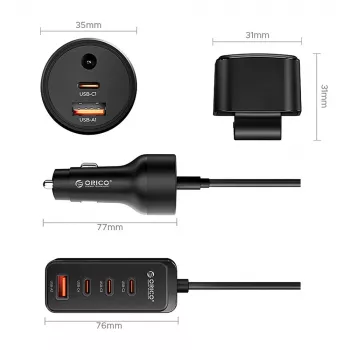 ORICO ChargeClip 108W Car Charger with Clip, 2x USB-A + 4x USB-C, Black