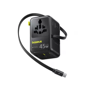 Baseus PicoGo AG11 45W 6-in-1 universaalne reisiadapter sissetõmmatava USB-C kaabliga - must