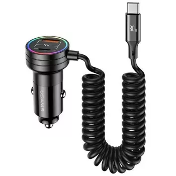 USAMS Auto laadija 60W 2xUSB-C 1xUSB-A keerdkaabliga kiirlaadimine PD QC must CC167CC01