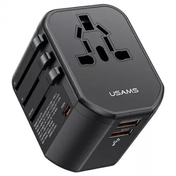 USAMS T59 20W universaalne reisilaadija 2 USB-A ja 1 USB-C pordiga, must, vahetatavad pistikud US/AU/EU/UK