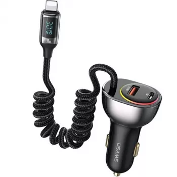 USAMS C37 Autolaadija 60W 1xUSB-A + 1xUSB-C PD+QC Kiirlaadimine Lightning-kaabliga 30W Must CC193CC01 (US-CC193)