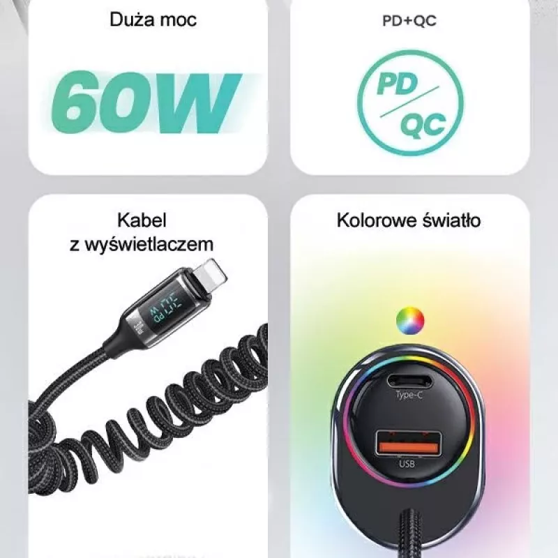 USAMS C37 Autolaadija 60W 1xUSB-A + 1xUSB-C PD+QC Kiirlaadimine Lightning-kaabliga 30W Must CC193CC01 (US-CC193)