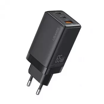 USAMS Sandru Series 65W GaN seinadapter 2xUSB-C 1xUSB-A PD3.0 QC3.0 kiirlaadimine must CC180TC01