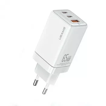 USAMS Sandru Series CC180TC02 GaN 65W USB-C laadija (valge) - 2xUSB-C + 1xUSB-A, PD3.0 & QC3.0 kiirlaadimine, EU pistik