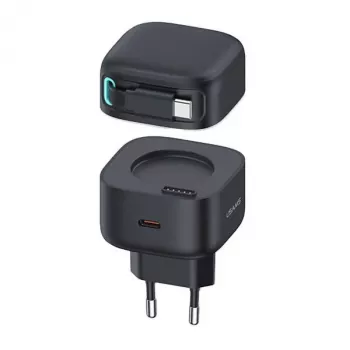 USAMS XMF Series CC202TC01 35W GaN kiirlaadija sissetõmmatava USB-C kaabliga, must