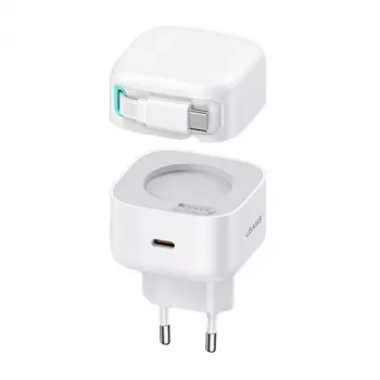 USAMS XMF Series CC202TC02 35W GaN USB-C seinadapter sissetõmmatava USB-C kaabliga, PD+QC, valge