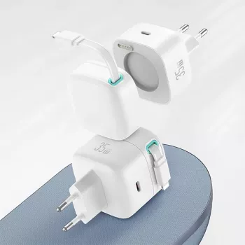 USAMS XMF Series CC209TC01 35W GaN kiirlaadija sissetõmmatava USB-C–Lightning kaabliga, must