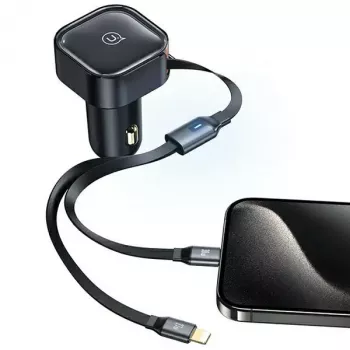 USAMS C41 Autolaadija 30W PD Kiirlaadimine Sissetõmmatavate USB-C ja Lightning Kaablitega Must (US-CC219)
