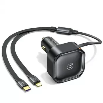 USAMS C41 autolaadija sissetõmmatava kaabliga 2xUSB-C PD 30W kiirlaadimine must CC220CC01 (US-CC220)