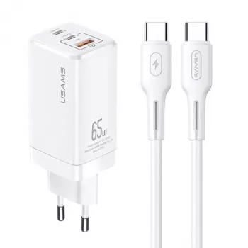 USAMS GaN 65W USB-C laadija MTXLOGTC02 Valge koos 100W USB-C kaabliga
