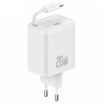 USAMS YC Series GaN 20W USB-C seinadapter sissetõmmatava USB-C kaabliga, PD+QC kiirlaadimine, valge (US-CC233)
