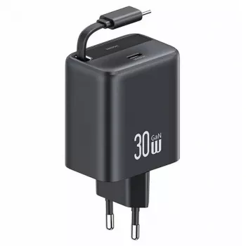 USAMS YC Series CC241TC01 30W GaN USB-C seinadapter sissetõmmatava USB-C kaabliga, PD+QC kiirlaadimine, must
