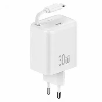 USAMS YC Series CC241TC02 30W GaN USB-C seinelaadija sissetõmmatava USB-C kaabliga, PD+QC kiirlaadimine, valge