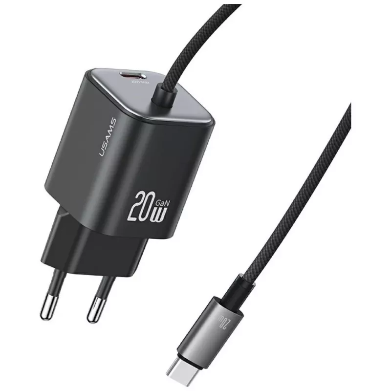USAMS 20W GaN kiirlaadija USB-C kaabliga, must