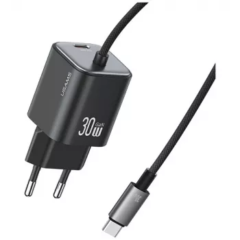 USAMS 30W GaN kiirlaadija USB-C kaabliga (must, EU pistik)