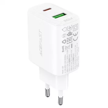 Acefast A25 seinadapter, USB + USB-C, PD 20W (valge)