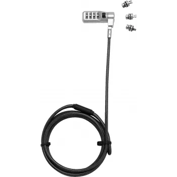 DICOTA Universal Security Cable Lock with 3 Exchangeable Heads, Combination Lock, 2 m Cable, Black