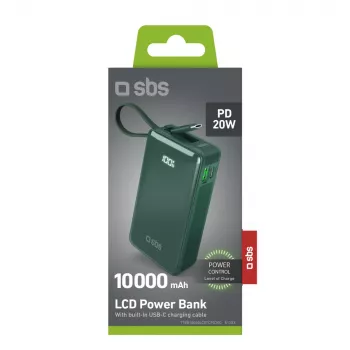 SBS Power Bank 10000 mAh sisseehitatud USB-C kaabliga roheline