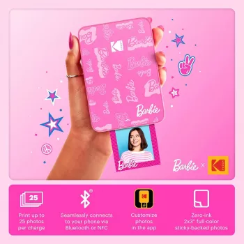 KODAK Step Slim Barbie Instant Photo Printer - Bluetooth 5.0, ZINK Zero Ink Technology, 2x3 inch Prints, Barbie Pink