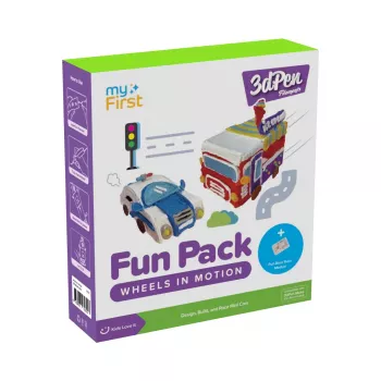 myFirst 3dPen Make Filaments Fun Pack Wheels in Motion - Loomingukomplekt 3D-pliiatsile: 5 šablooni, 17 PCL-täidist (34 m), tagasitõmmatava autoga moodul, termoplastleht