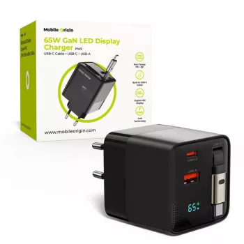 Mobile Origin 65W GaN Laadija USB-C Sissetõmmatava Kaabliga + USB-A 75cm