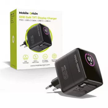 Mobile Origin 65W GaN Laadija PW3 USB-C Sissetõmmatav Kaabel 65cm + USB-A Must