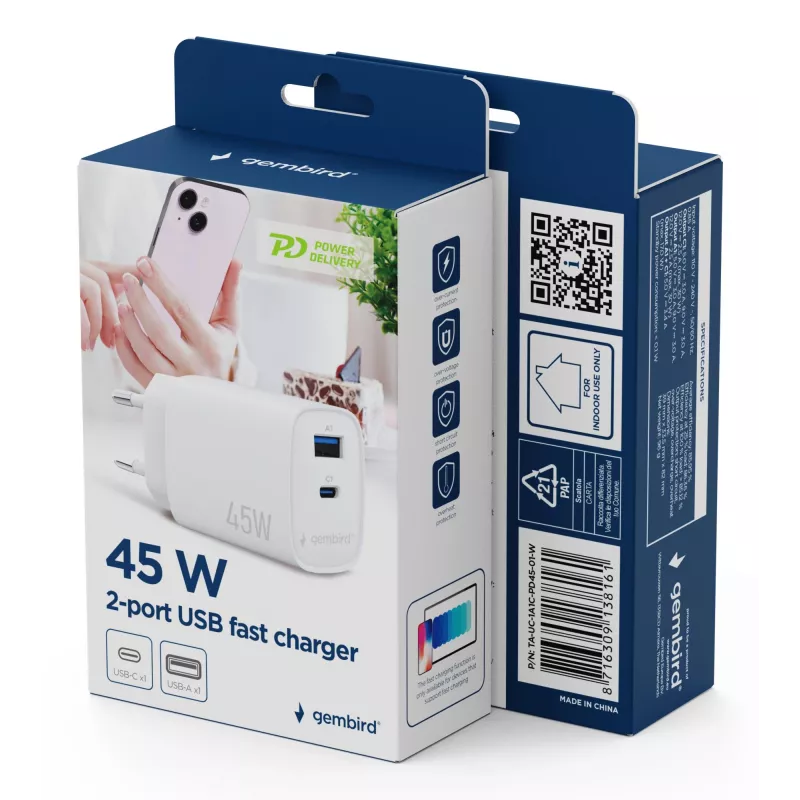 Gembird TA-UC-1A1C-PD45-01-W 45W USB-C PD seinadapter valge