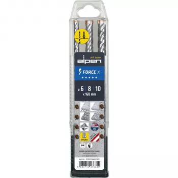 Alpen SDS+ FORCE X Haamertrelli puuritera komplekt, 3 tükki, 6-8-10 x 160 mm, 4-lõikeline, volframkarbiid