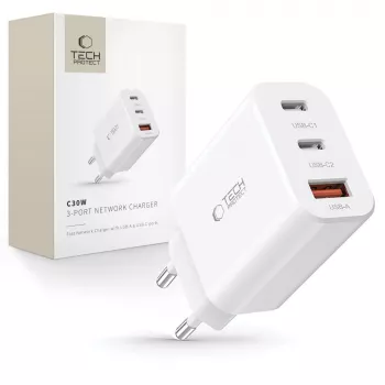 Tech-Protect NC30W 3-Port USB-C & USB-A seinadapter 30W Valge