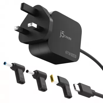 J5CREATE 67W GaN PD USB-C Mini Laadija 3 Tüüpi DC-pistikuga