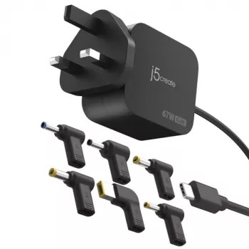 J5CREATE 67W GaN PD USB-C Mini Laadija UK Pistikuga ja 6 DC-pistikuga