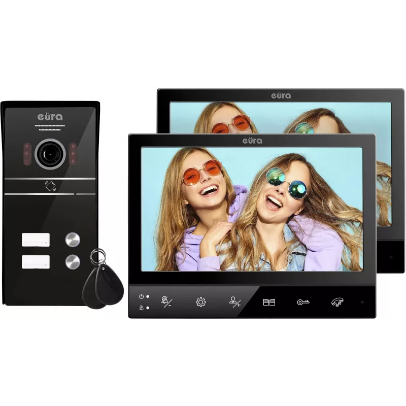 Eura VDP-80C5 Kahepere video uksekõnesüsteem, must, 2x 7 inch LCD, FHD, 2 sissepääsu, 1080p kaamera, RFID-lugeja, pinnale paigaldus