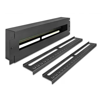 DELOCK 19 inch jaotuspaneel kaitselülititele koos kaanega ja DIN-siini ning 2 kaablikinnitusrööpaga, 3U, must teras