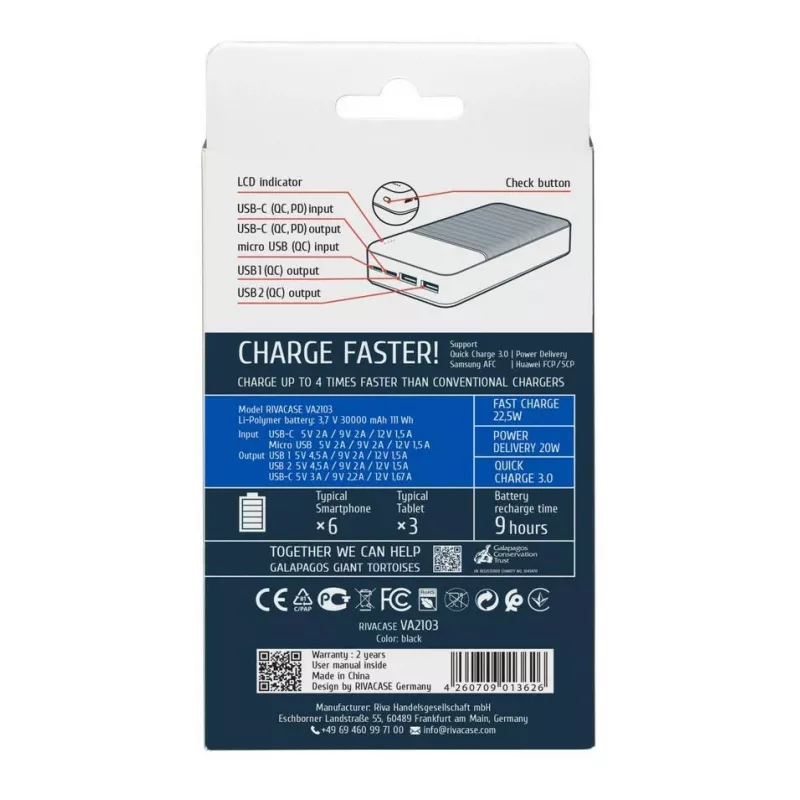 Rivacase VA2103 Power Bank 30000 mAh 22.5W Must