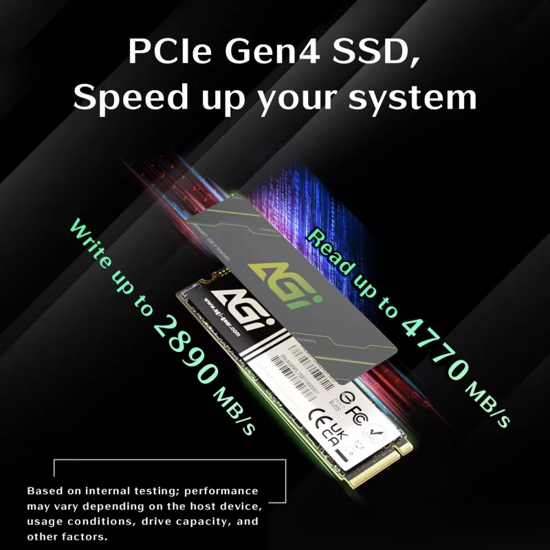 AGI TECHNOLOGY 1TB M.2 NVMe PCIe 4.0 SSD - 4700MB/s lugemine, 2800MB/s kirjutamine, 600TBW