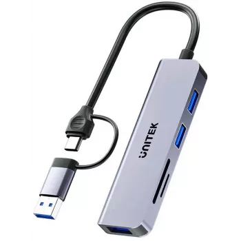 UNITEK 5-in-1 USB-C Hub koos SD ja MicroSD kaardilugejaga, 5 Gbps, Space Grey