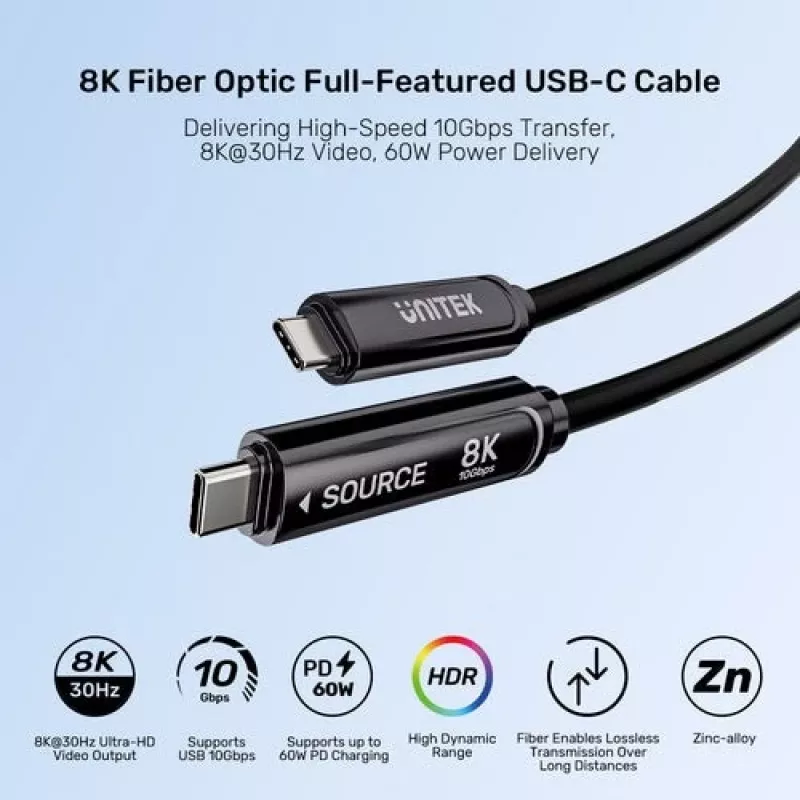 UNITEK USB-C Active Optical Cable 5m - 10Gbps, PD 60W, 8K@30Hz, Must