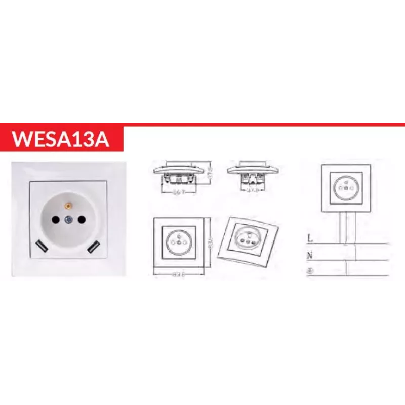 VCX WESA LC 13A Üksikpistikupesa USB-laadijaga Valge