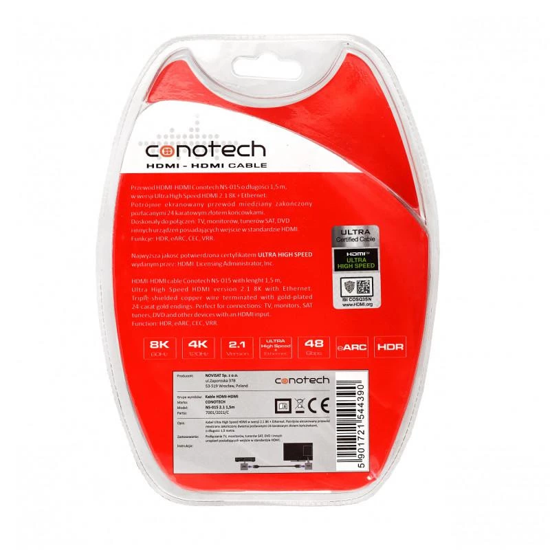 CONOTECH NS-015 2.1 8K HDMI-kaabel 1,5m Ultra High Speed 48Gbps Must