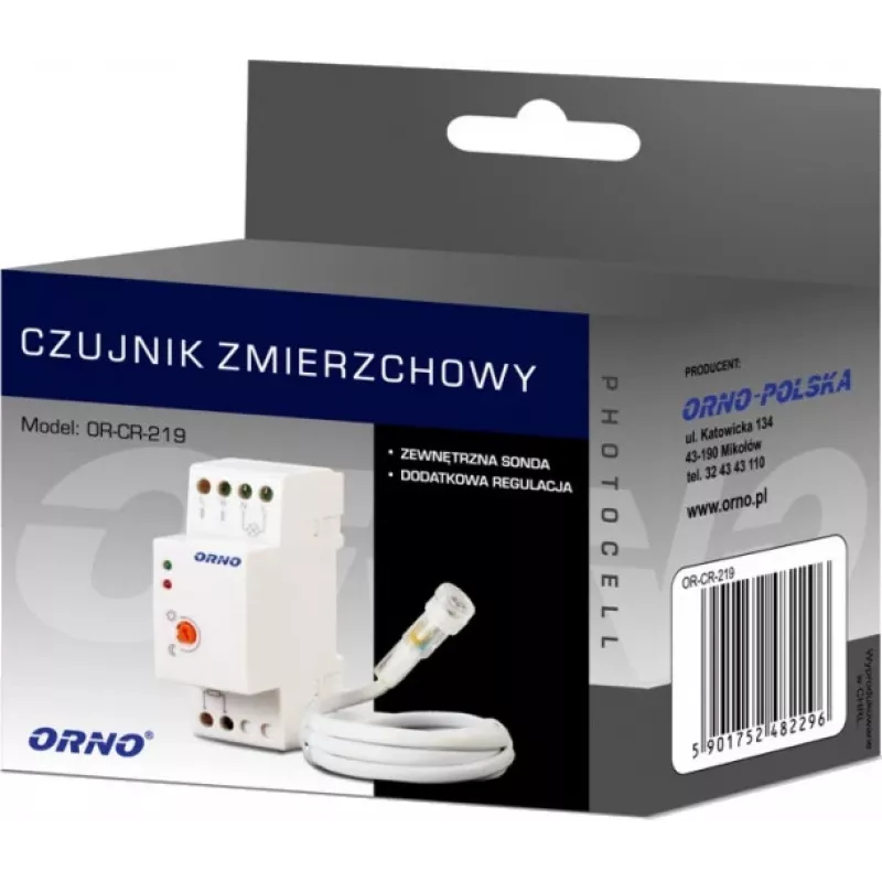 ORNO OR-CR-219 DIN-rööpale paigaldatav hämarusandur välise fotoelemendiga, 230V AC, 10A, 2-100 Lux