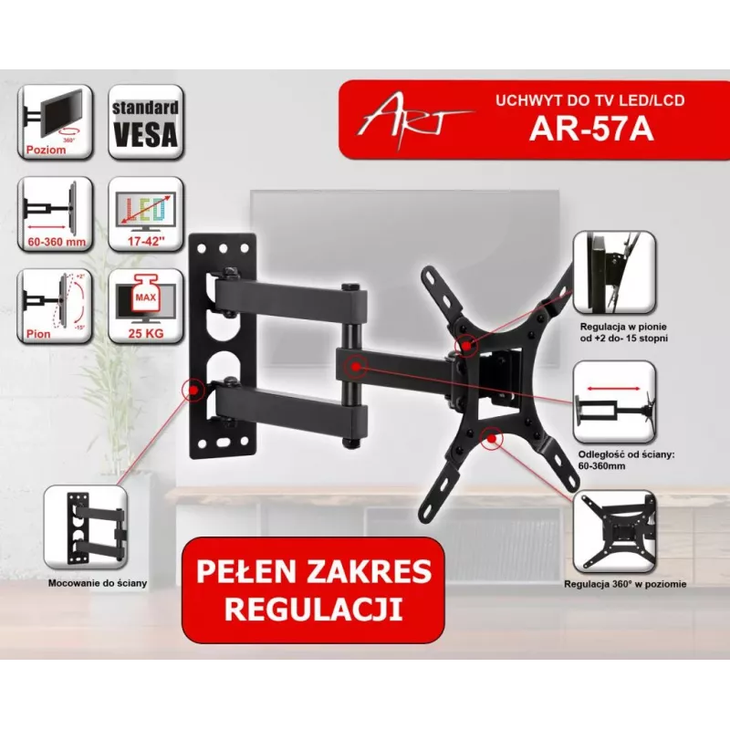 ART AR-57A Fikseeritud TV seinakinnitus LED/LCD 17-42 tolli must
