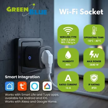 GreenBlue kaugjuhitav WiFi pistikupesa, Android/iOS/Alexa/Google Home, taimer, vattmeeter, max 16A/3840W, GB735 B